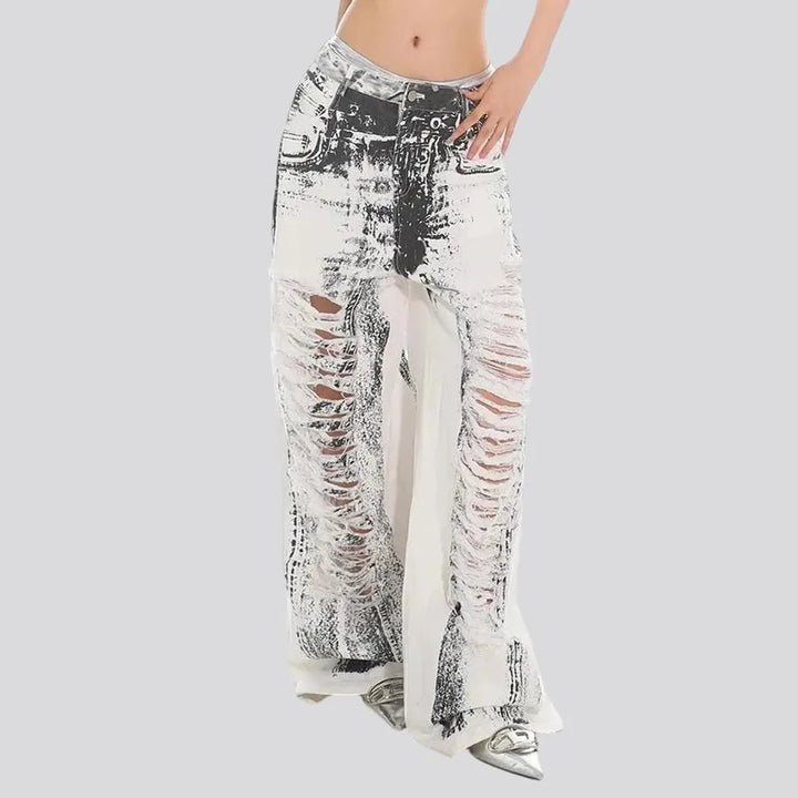 Boho distressed painted baggy jeans for women