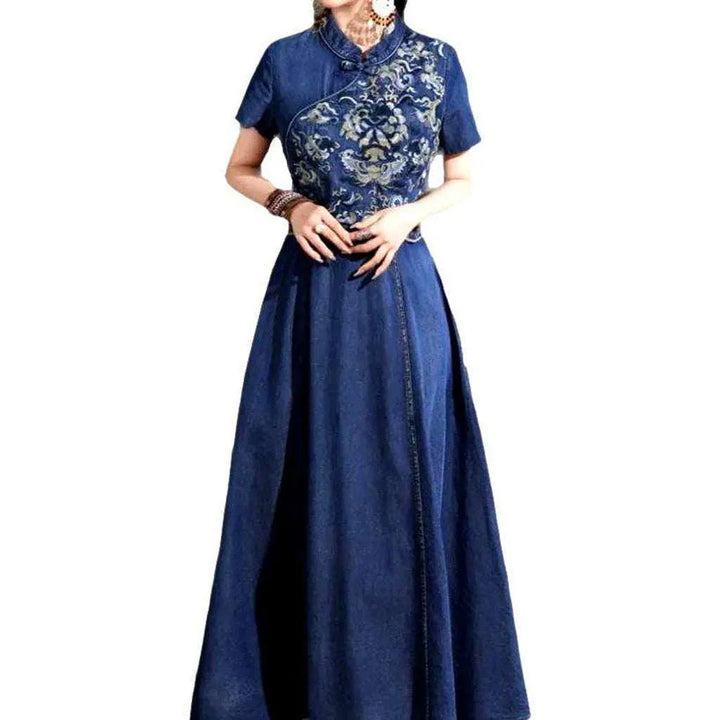 Chinese Style Boho Jeans Dress - Blue