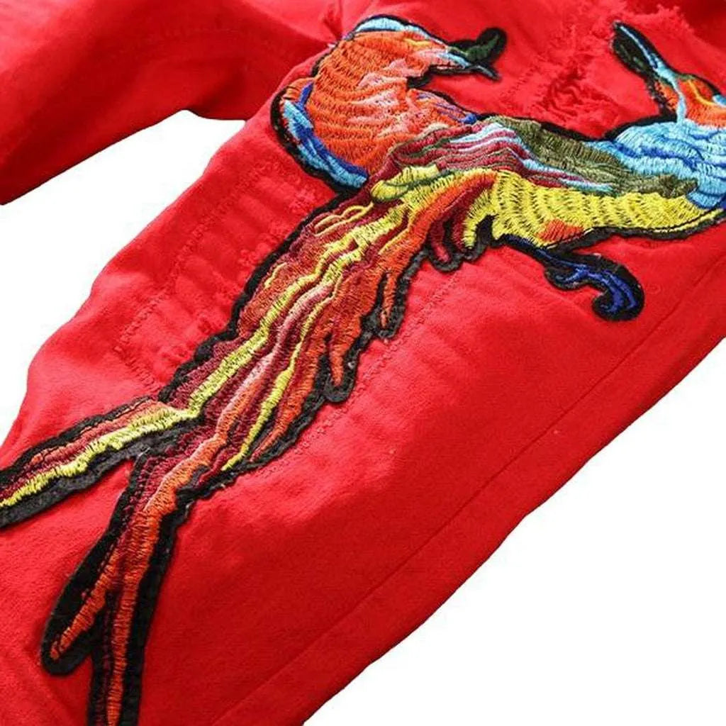 Embroidered ripped men's red jeans