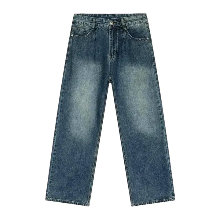 Mid Rise One-tone Baggy-leg Men's Jeans - Blue