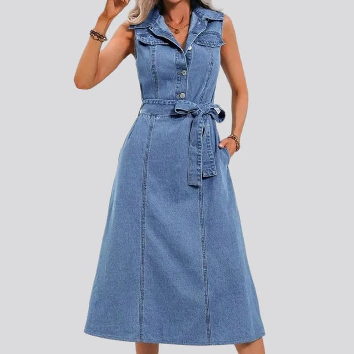 fit-and-flare, light-wash, long, sleeveless, V-neck, buttons-straps, women's dress | Jeans4you.shop
