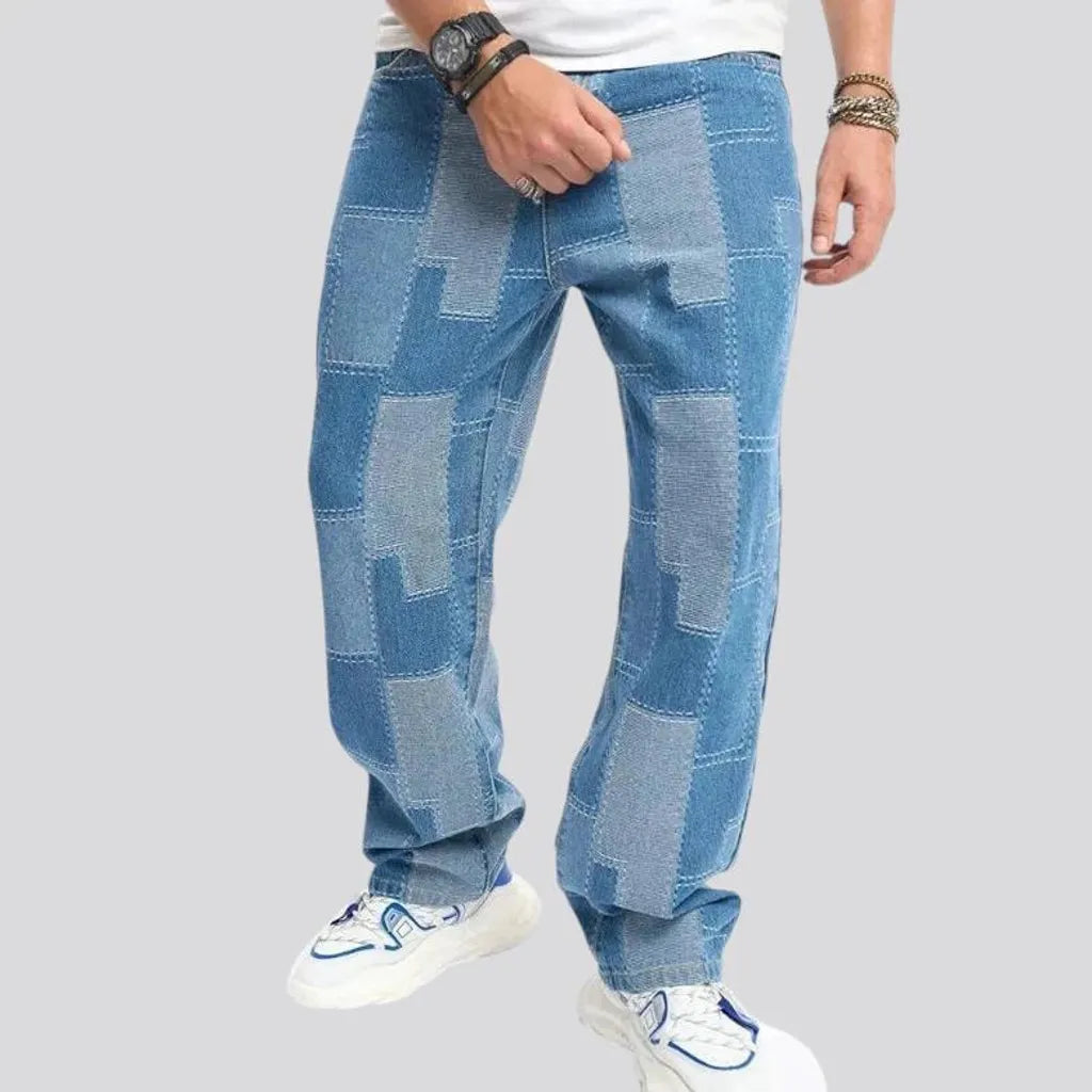 Boho style light wash men's jeans