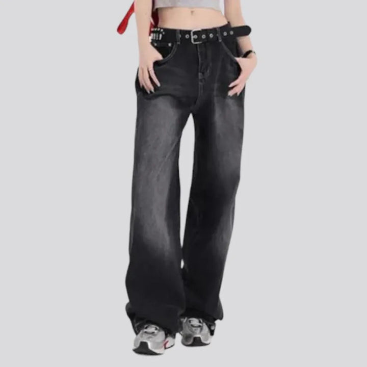 Floor-length women's whiskered jeans