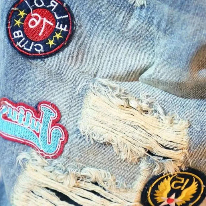Patch embroidery distressed denim shorts