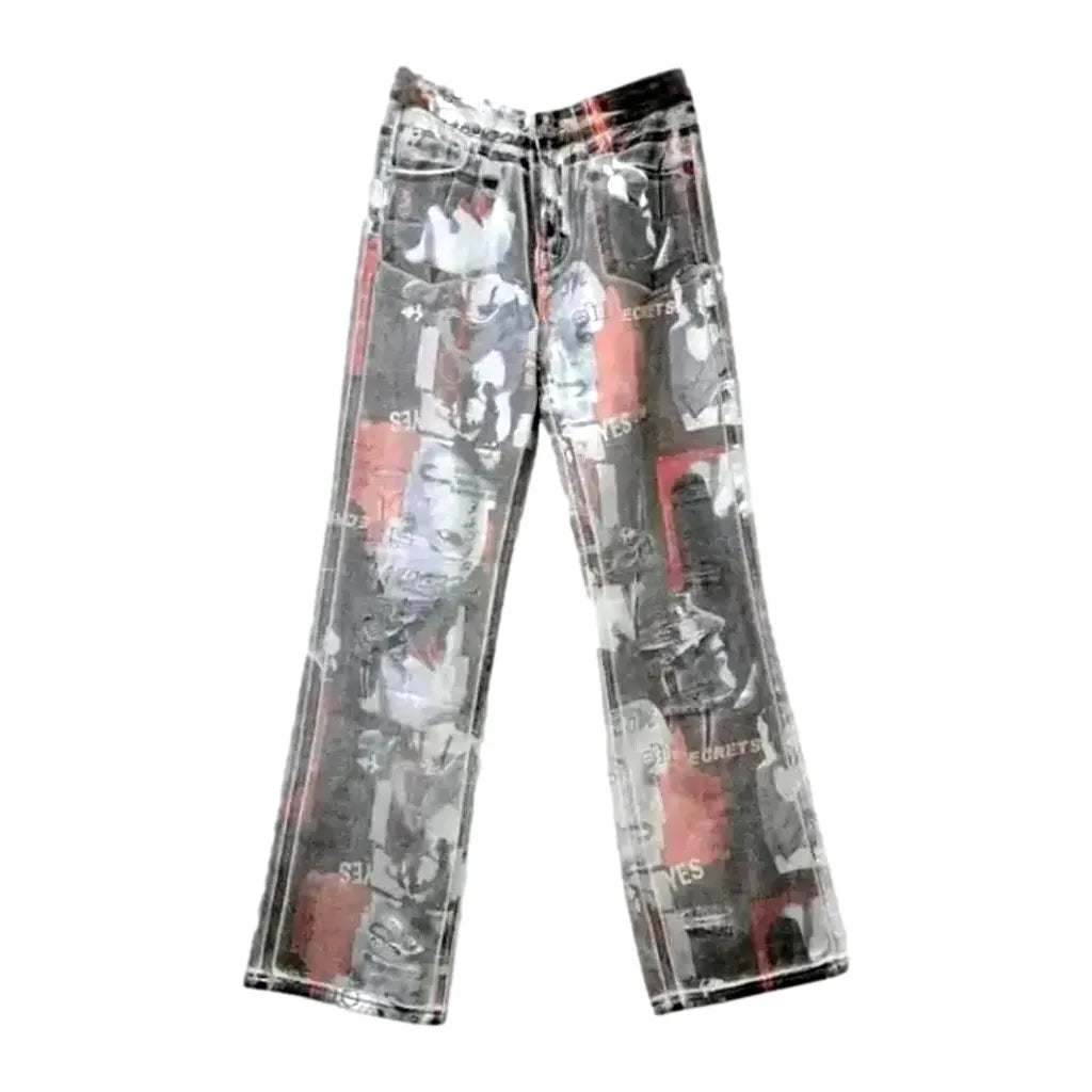 Graphic Print Baggy Women's Jean Pants - Grey