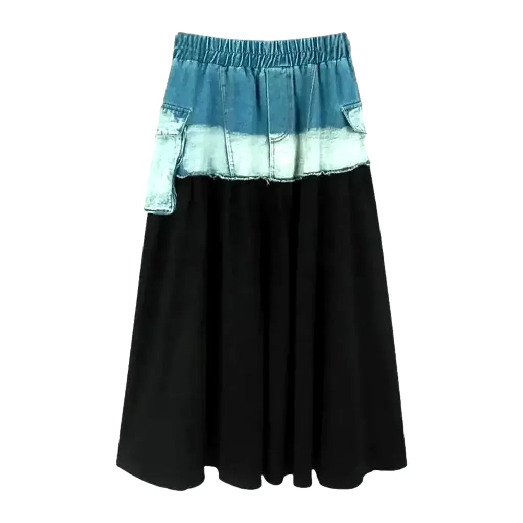 Elastic Cargo Pockets Denim Skirt - Black