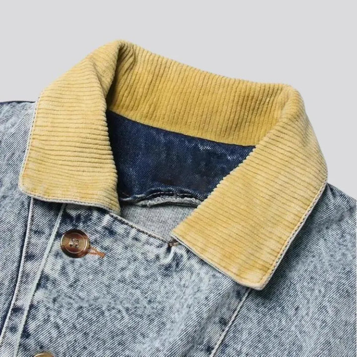 Faded wash corduroy collar denim jacket for women