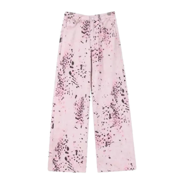 Fashionable High Rise Floral Wide Jeans for Ladies - Pink