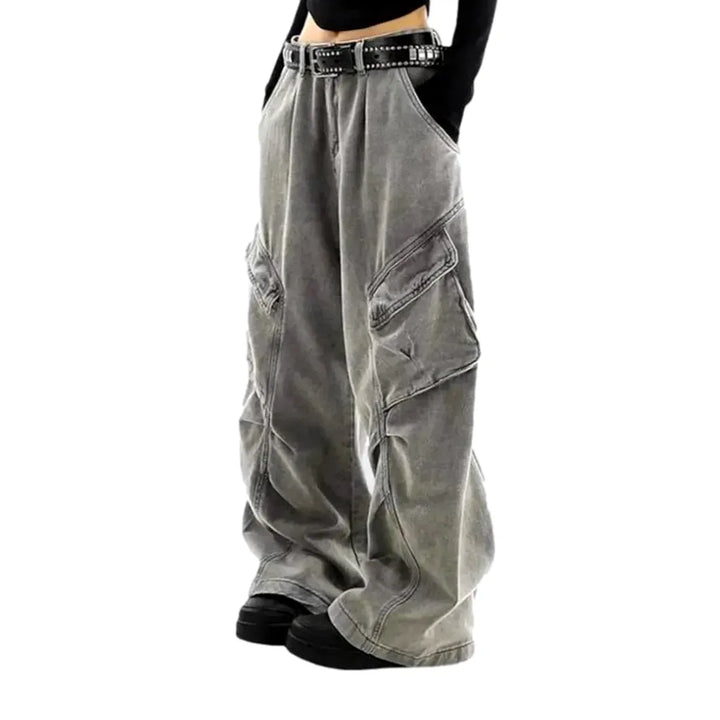 High Rise Baggy Denim Pants for Women - Grey