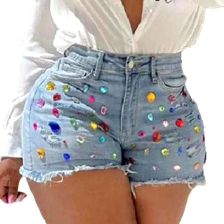 Distressed color rhinestone denim shorts