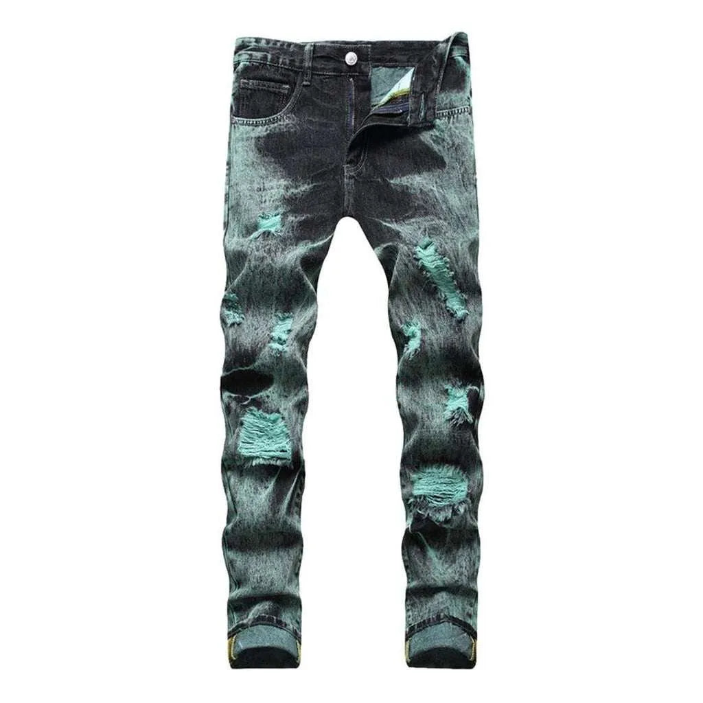 Distressed green men's jeans