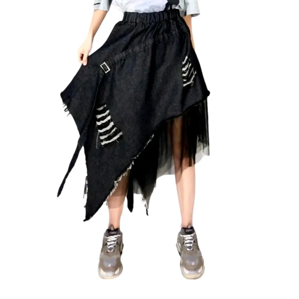 Distressed urban midi denim skirt