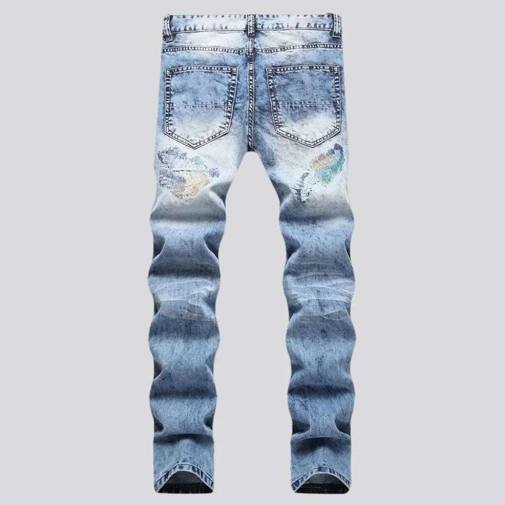 Light wash men's stitched jeans