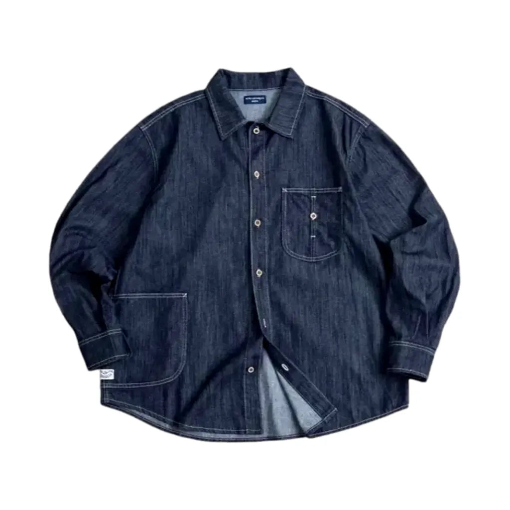 Dark Wash Oversized Men's Denim Chore Jacket - Dark Blue