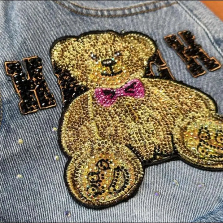 Teddy bear embroidery denim shorts
