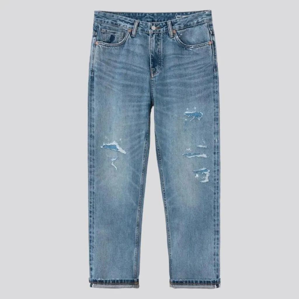 baggy, distressed, light-wash, selvedge, sanded, whiskered, 14oz, high-waist, zipper-button, 5-pockets, men's jeans | Jeans4you.shop