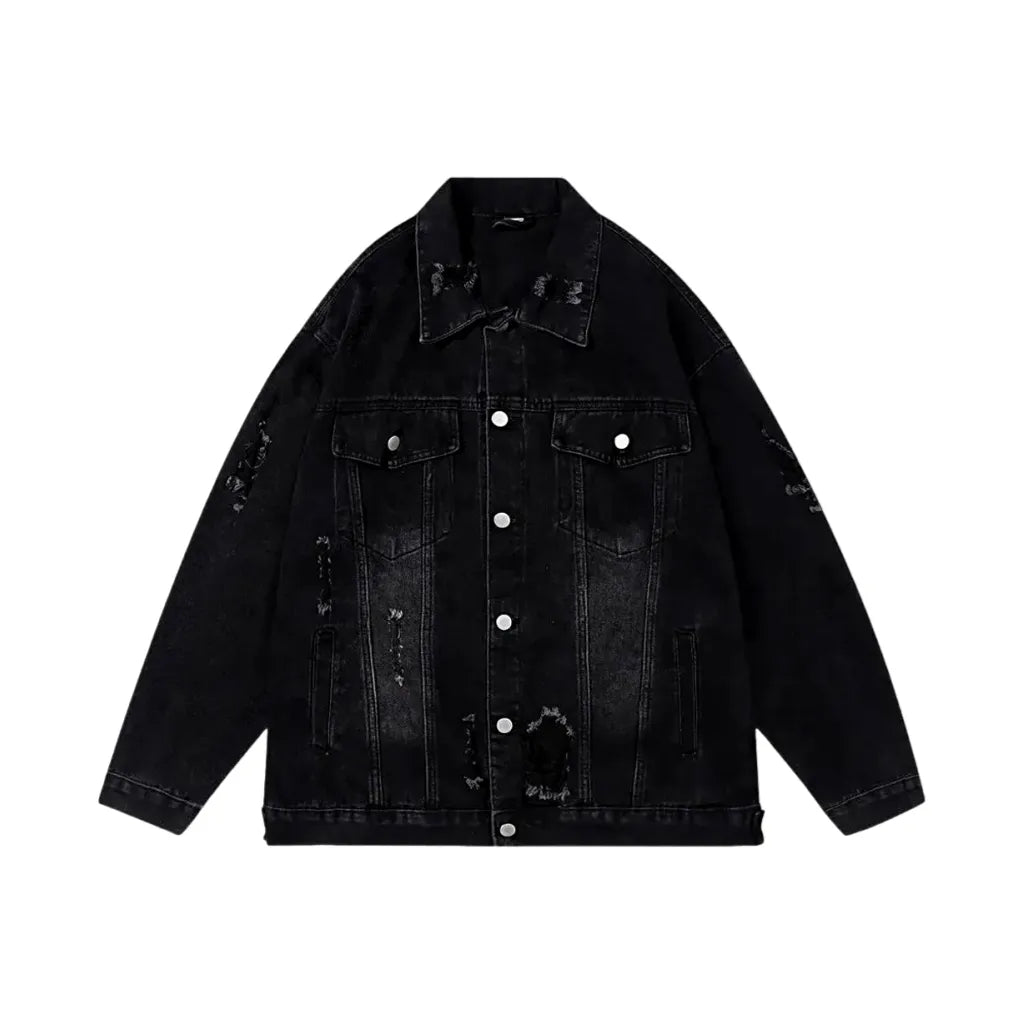 Grunge Style Medium Fit Men's Denim Jacket - Black