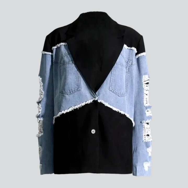 Stylish distressed women's jean blazer jacket