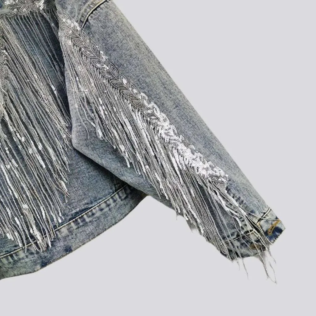 Oversized fringe denim jacket
 for women