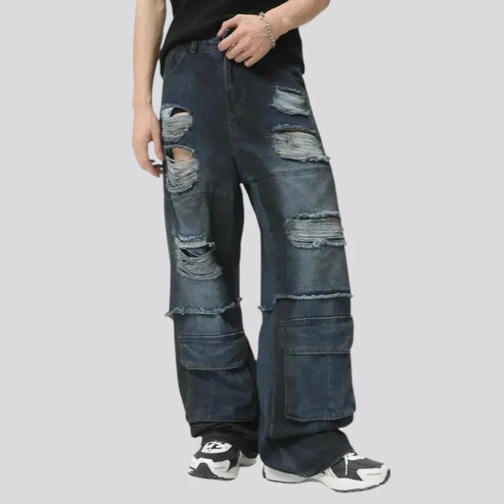 Distressed dark wash baggy jeans for men