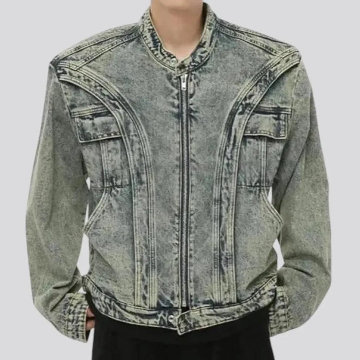 Medium length boho style men's jeans jacket