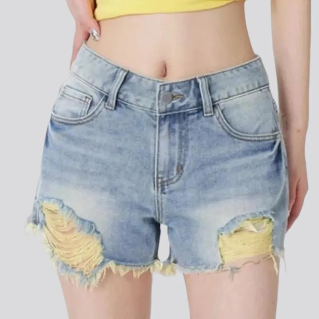 straight, distressed, vintage, light-wash, yellow-yarns, mid-waist, zipper-button, 5-pockets, women's shorts | Jeans4you.shop