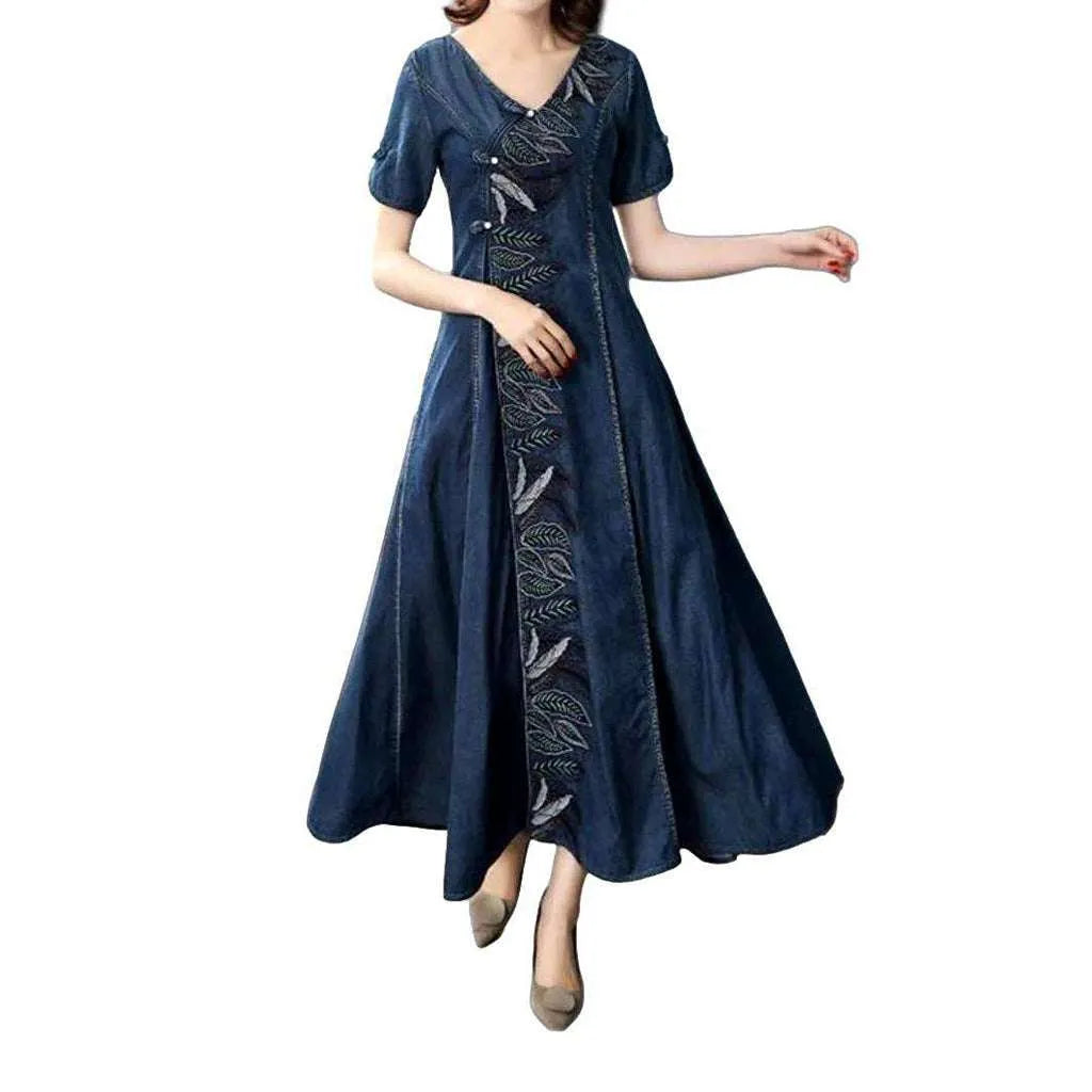 Embroidered Bell-shaped Jean Dress - Dark Blue