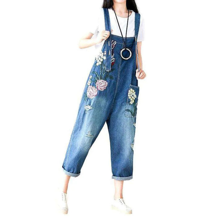 Embroidered Denim Dungaree for Ladies - Blue