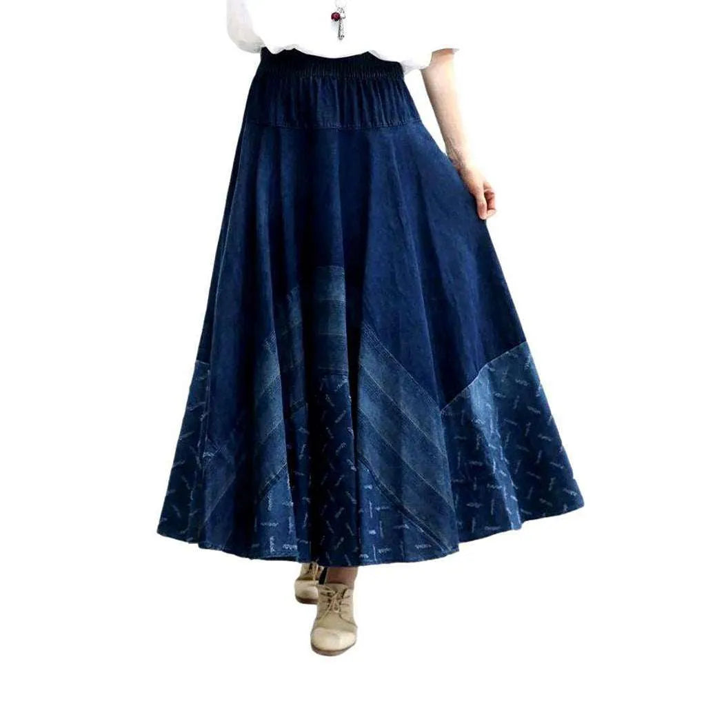 Embroidered flared boho denim skirt