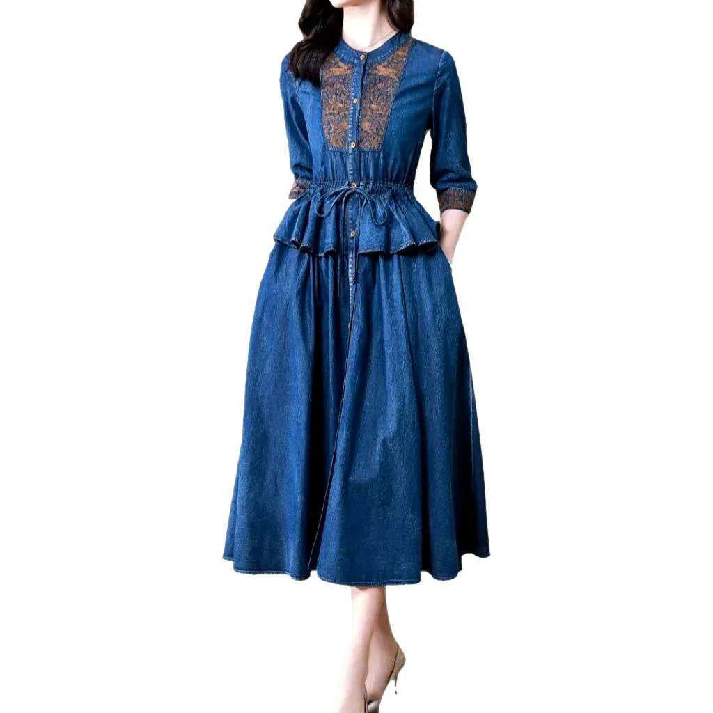 Embroidered medium wash jean dress
 for ladies