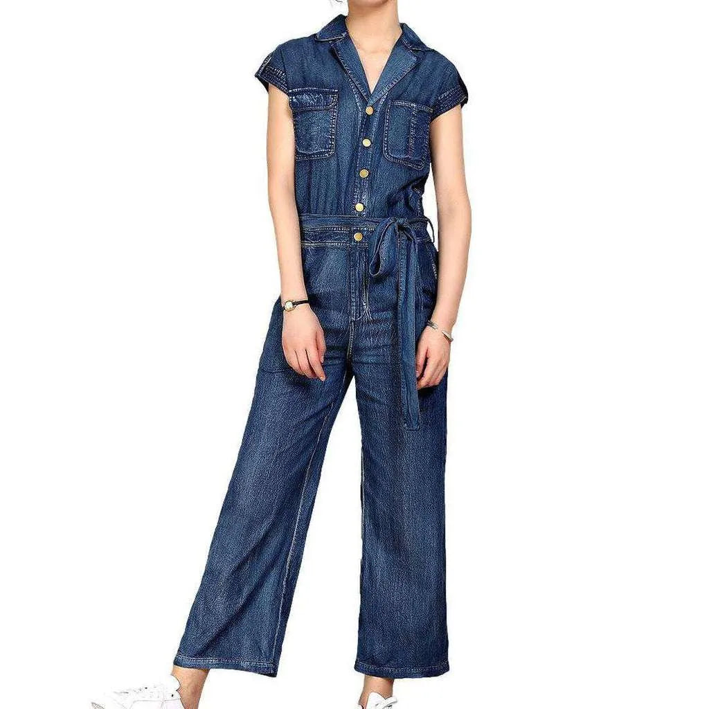 Embroidered Women's Jeans Jumpsuit - Blue