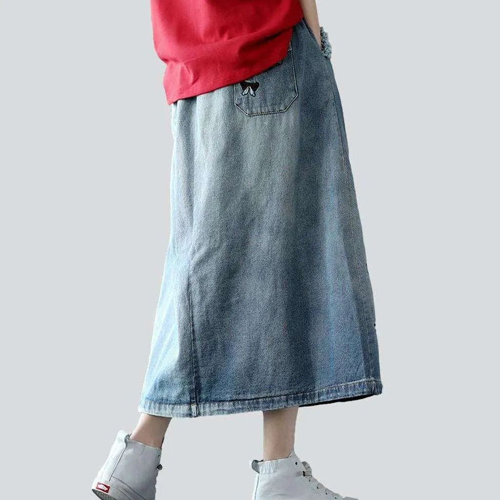Butterfly embroidery long jeans skirt