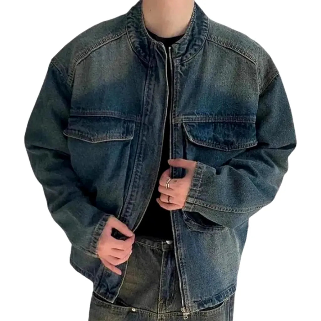 Medium Wash Grunge Street Men's Denim Jacket - Blue