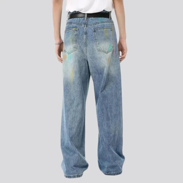 Sanded whiskered baggy men's jeans