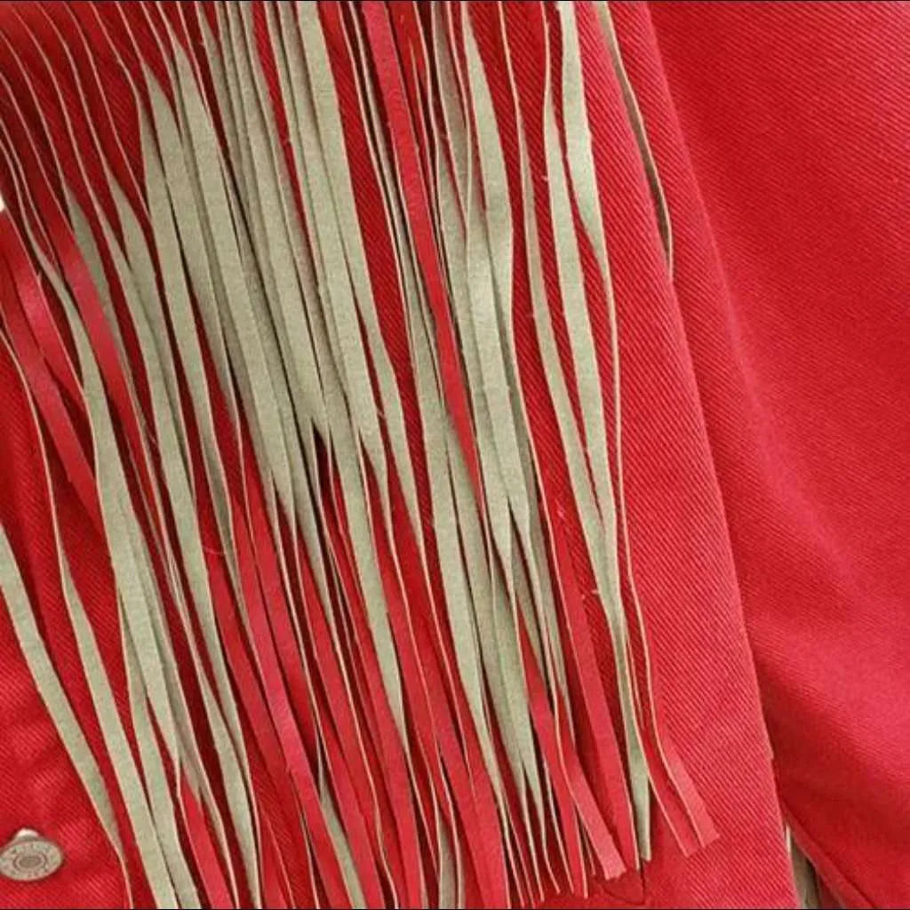 Fringe embellished color denim jacket
