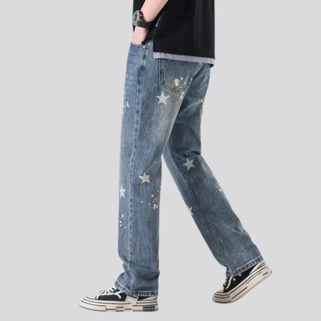 Whiskered boho style loose fit men's jeans