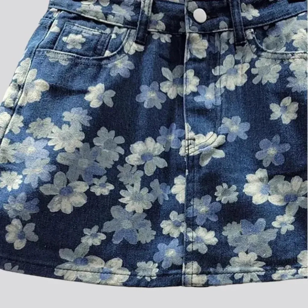 Flower mid-waist jeans skort
 for ladies
