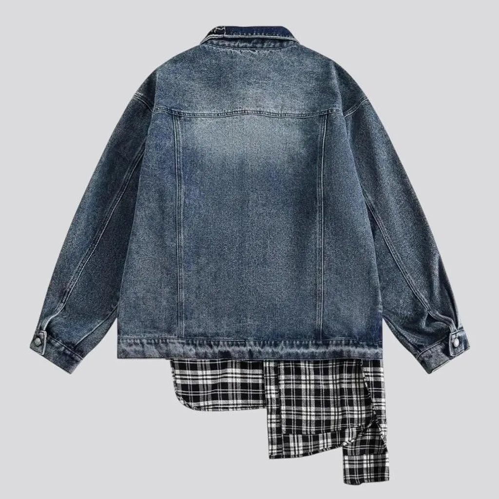 Faded mixed plaid boho jean jacket for men