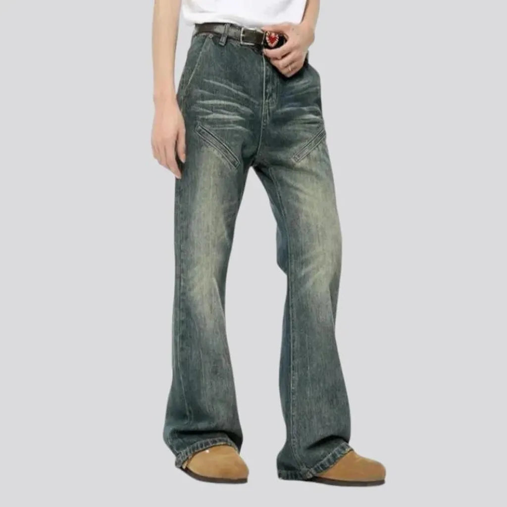 Baggy over dyed whiskered jeans for men