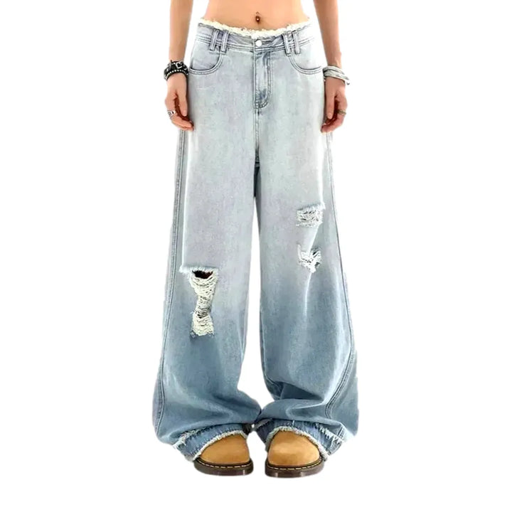 Boho Distressed High Waist Women's Jeans - Light Blue