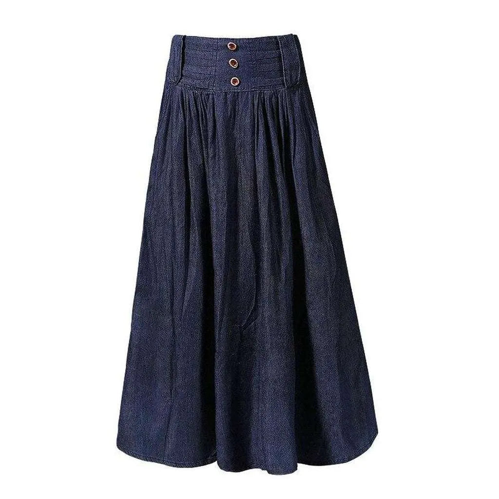 Flare navy long denim skirt