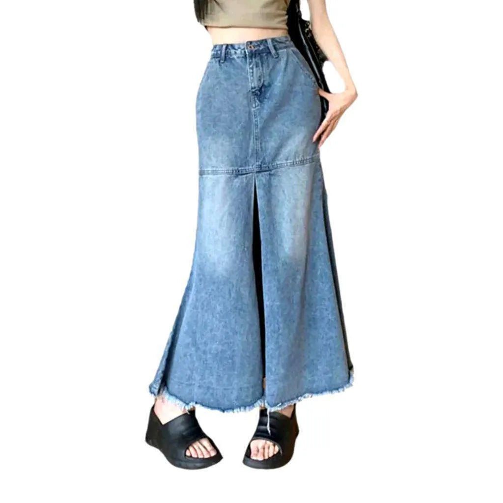 Floor length raw hem denim skirt