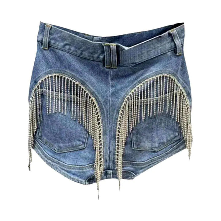 Fringe back pockets denim shorts