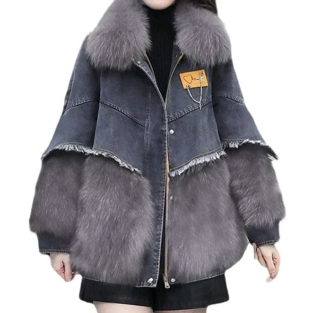 Grey denim jacket with fur