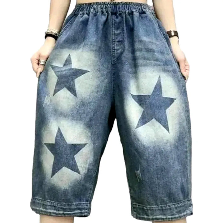 High-waist stars-print jean shorts for ladies