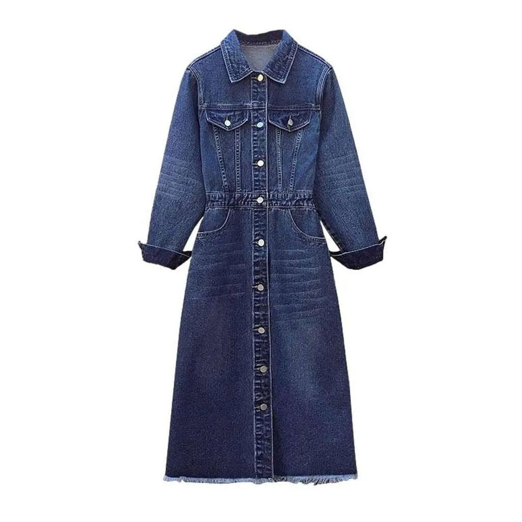 Jacket Style Dark Jean Dress - Dark Blue