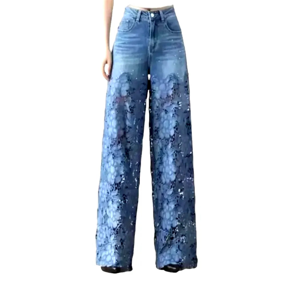 Lace-embroidery street jeans