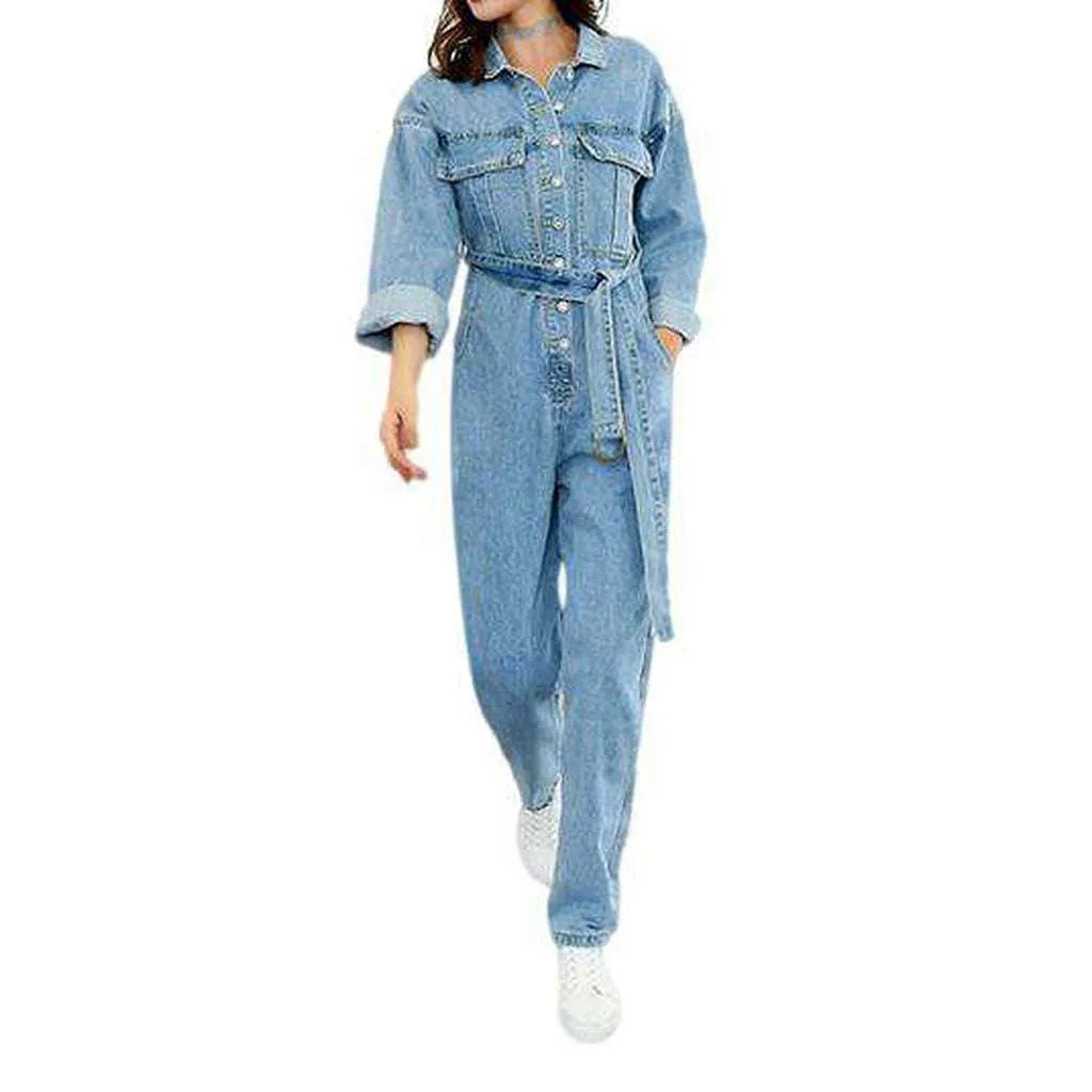 Ladies Light Wash Denim Jumpsuit - Light Blue