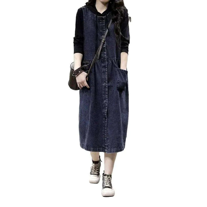 Long Vintage Style Jeans Dress - Dark Blue