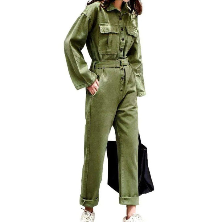 Trendy Loose Fitting Denim Jumpsuit for Ladies - Khaki